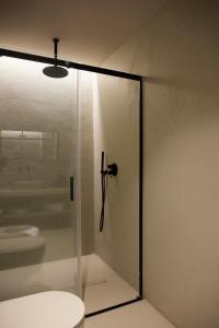 米兰马瑞提那Mima Aparthotel Boutique & Spa的一间带玻璃淋浴间和卫生间的浴室