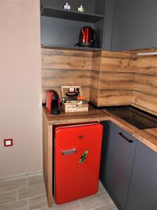 索非亚Vintage Studio Mladost的带柜台的厨房内的红色冰箱