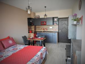 索非亚Vintage Studio Mladost的一间卧室配有一张床铺和一张桌子,还设有一间厨房