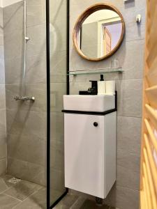 帕拉马里博Villa Famiri Boutique hotel的一间带水槽和镜子的浴室
