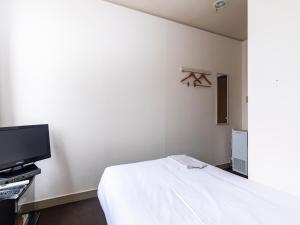 松山Tabist Business Hotel Suehiro Matsuyama的一间卧室配有一张床和一台平面电视