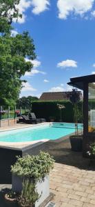 托尔豪特伍德赛德床和早餐旅馆的一座大游泳池,位于一个树木繁茂的庭院内
