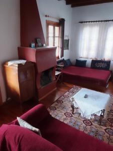 美特索文阿尔卡麦索福酒店的客厅设有红色的沙发和壁炉