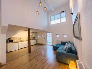 锡吉什瓦拉Family Apartment的一间带蓝色沙发的客厅和一间厨房