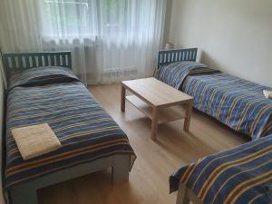 Laukžemė劳克瓦丽乡村民宿的客房内的两张单人床和一张桌子