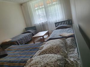 Laukžemė劳克瓦丽乡村民宿的带桌子的客房内的两张单人床