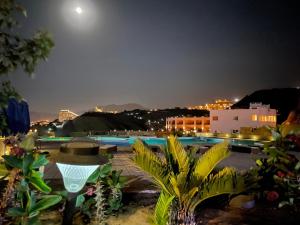 艾因苏赫纳La Siesta Hotel Al Sokhna的享有游泳池的夜间景致