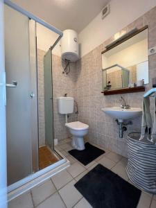 科尔丘拉Enjoy Vrbovica的带淋浴、卫生间和盥洗盆的浴室