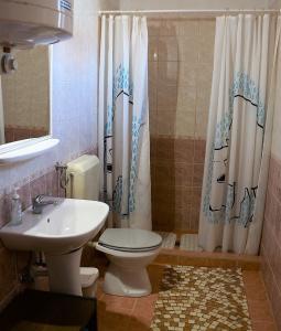 奥巴曹洛克Gábor apartmanok的浴室配有卫生间、盥洗盆和淋浴。