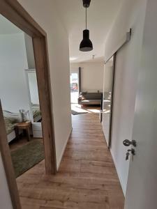 贝尔恩卡斯特尔-库斯Sonnenufer Apartment & Moselwein II的走廊通往铺有木地板的客厅