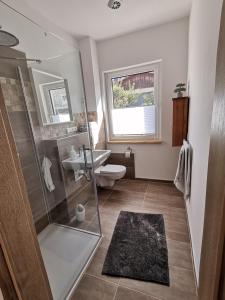 贝尔恩卡斯特尔-库斯Sonnenufer Apartment & Moselwein II的带淋浴、卫生间和盥洗盆的浴室
