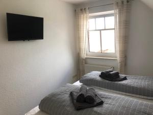 克鲁姆赫恩Greetje Oog的一间卧室配有两张带毛巾的床和一台墙上的电视。