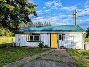 莱迪史密斯The Cottage on the Farm的白色的棚屋,有绿色的屋顶和黄色的门