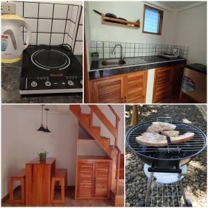 锡基霍尔White Bada Guesthouse的厨房配有炉灶和餐桌,提供一些食物