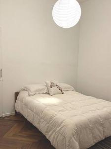 蒙得维的亚Cálido apartamento a 8 cuadras del mar y a 3 de 18 Julio Hay una gatita que vive allí的卧室配有一张白色墙壁的床