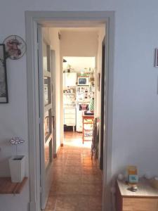 蒙得维的亚Cálido apartamento a 8 cuadras del mar y a 3 de 18 Julio Hay una gatita que vive allí的走廊通往带桌子的厨房