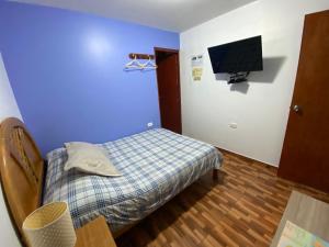 帕拉卡斯阿特纳斯背包客旅舍的一间卧室配有一张床和一台平面电视