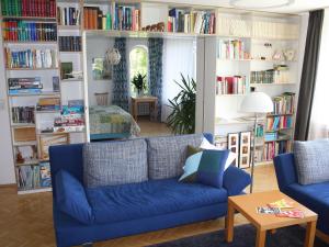 卡塞尔Das Blaue Haus - Ferienwohnung Schönherr的客厅配有蓝色的沙发和书架