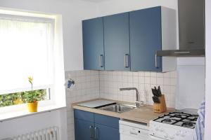 卡塞尔Das Blaue Haus - Ferienwohnung Schönherr的厨房配有蓝色橱柜和水槽