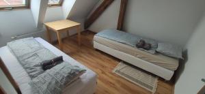 格利维采Apartament Gliwice Centrum的小房间设有两张床和一张桌子