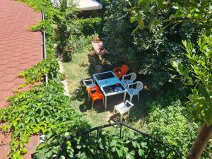 斯库台Mi Casa es Tu Casa - Shkodra Backpackers Hostel的花园顶部美景,配有桌椅