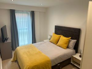 利兹Lovely 2 Bed apartment in Leeds centre (Netflix)的一间卧室配有一张带黄色枕头的床和一扇窗户