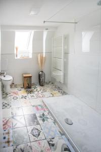 布鲁赫萨尔Anni`s Inn的带淋浴、卫生间和盥洗盆的浴室