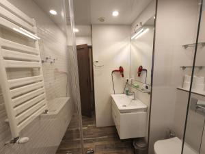 巴统Archie's Apartment in Old Town的浴室配有卫生间水槽和淋浴。