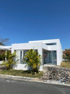 CocléModerna casa con piscina a 10 min de la playa的一座棕榈树掩映的白色房子