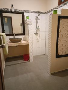 罗威那Rumah Askara的浴室配有盥洗盆和带镜子的淋浴