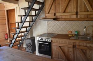 MägedeTõrvaaugu Holiday Homes的一间带炉灶和螺旋楼梯的厨房
