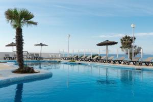 萨尔加AluaSun Far Menorca的一个带棕榈树和遮阳伞的游泳池