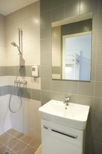 南特夏多布里昂洛吉酒店的浴室配有盥洗盆和带镜子的淋浴