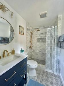 福尔斯彻奇Brand New, Cozy, Modern, One-bedroom Apartment的一间带水槽、卫生间和淋浴的浴室