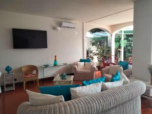 玛丽娜塞拉伊尔瓦赛罗酒店的客厅配有蓝色和白色家具和电视