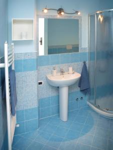 奥维多Appartamenti Pistrella的蓝色瓷砖浴室设有水槽和淋浴