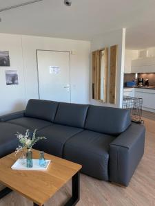 青斯特Meehrblick App 215的客厅配有蓝色的沙发和桌子