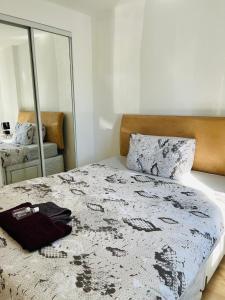 爱丁堡FABULOUS 1BED 1BATH Ground Floor Shared ACCOMMODATION ,Only Double Room的一间卧室配有一张带镜子的大床