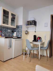 维滕Gästehaus Kampik的厨房配有桌子、两把椅子、一张桌子和一台冰箱