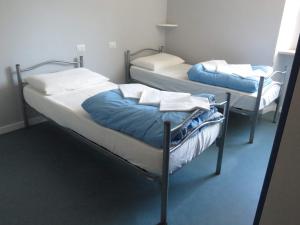 科涅Ostello La Mine的两张单人床,位于带立体关节炎性关节炎性关节炎性关节炎性关节炎的房间