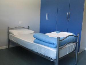 科涅Ostello La Mine的一张带蓝色橱柜和蓝色枕头的床