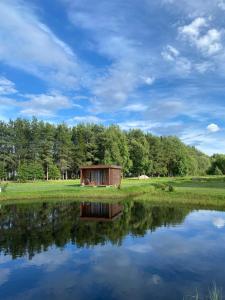 RootsikülaPeipsi Talu majake的一个小小屋位于一个大湖旁