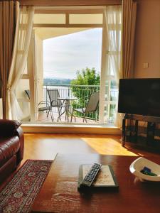 伦敦德里Derry-Londonderry city centre waterfront appartment的客厅配有电视和遥控器