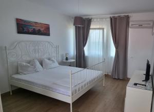 科斯蒂内什蒂Vila DVG Costinesti的卧室配有白色的床和窗户。