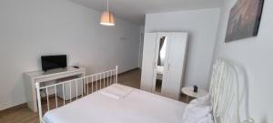 科斯蒂内什蒂Vila DVG Costinesti的一间白色的小卧室,配有一张床和一台电视