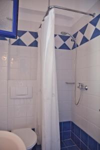 斯卡拉Hotel Andreas - Agistri (Skala)的一间带白色淋浴帘的浴室