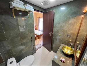 加德满都Sabila Boutique Hotel的带淋浴、卫生间和盥洗盆的浴室