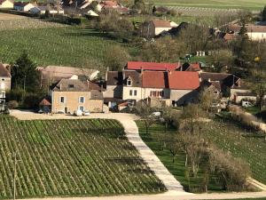 PréhyMaison de Pauline, Chablis Vineyard的享有小村庄的空中景色,设有农场