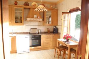 VillanuevaHabitaciones Dobles en Casa的厨房配有木制橱柜和白色冰箱。