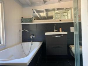 BiggekerkeDe Weide Blick的带浴缸、盥洗盆和卫生间的浴室
